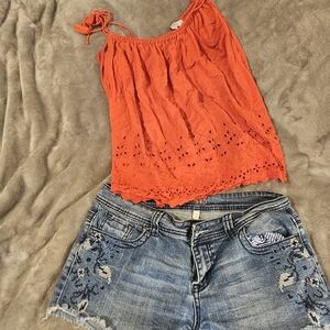 Shyanne Distressed Blue Jean Shorts with Floral Detail